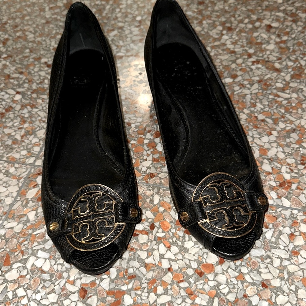 Tory Burch wedge peeptoe black shoes
